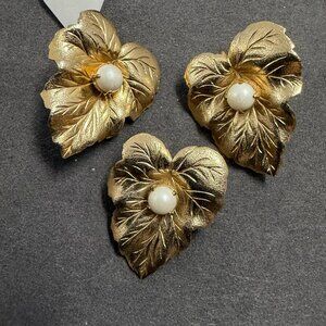 Vintage Sarah Coventry Gold-Tone Faux Pearl Leaf Brooch & Earrings Set
